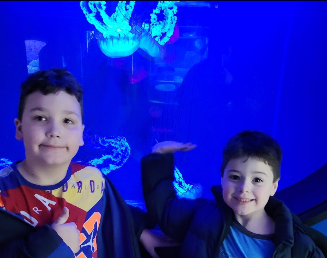 Two boys smiling in front of a jellyfish tank. Best aquariums in the U.S.