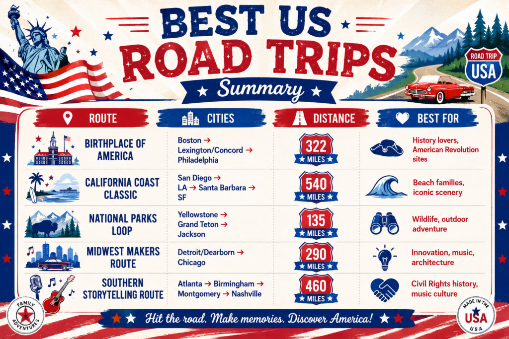 Infographic comparing five of America's best road trips including the Birthplace of America route, California Coast Classic, National Parks Loop, Midwest Makers Route, and Southern Storytelling Route.
