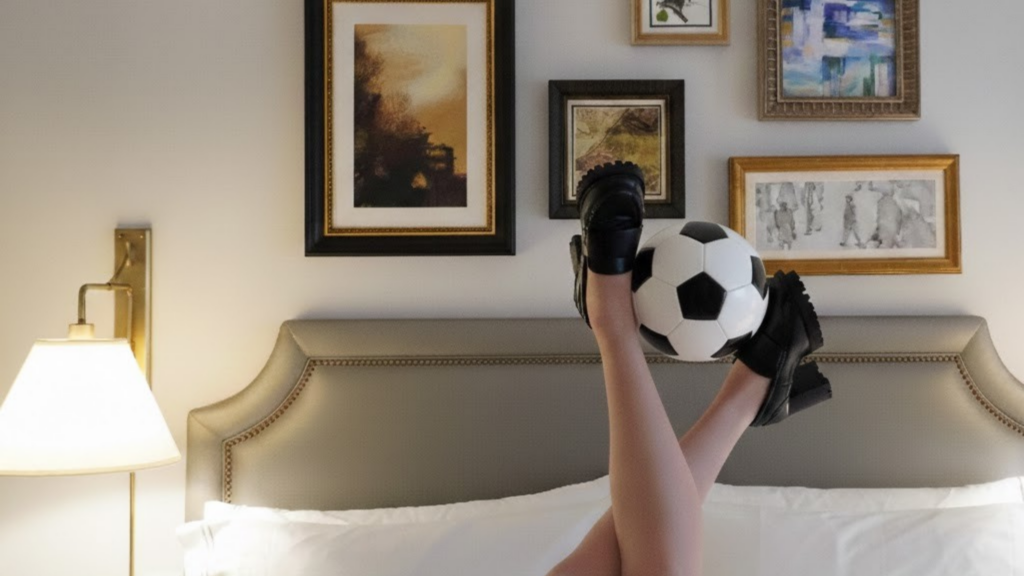 soccer ball between ankles raised above bed.
