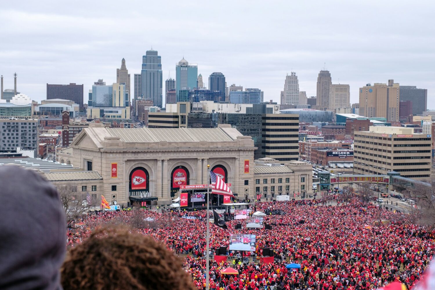 Fans gathering outside of Arrowhead Stadium. Kansas City with kids.