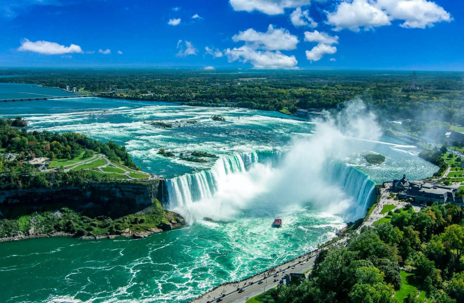 Overhead view of Niagara Falls and the gorge from the Skylon Tower observation deck