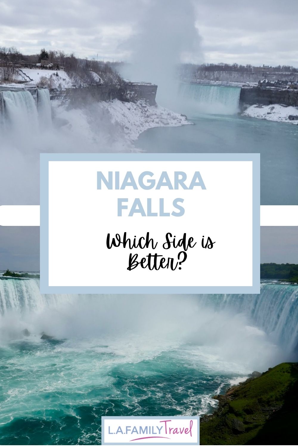 Pinterest graphic comparing the American and Canadian sides of Niagara Falls