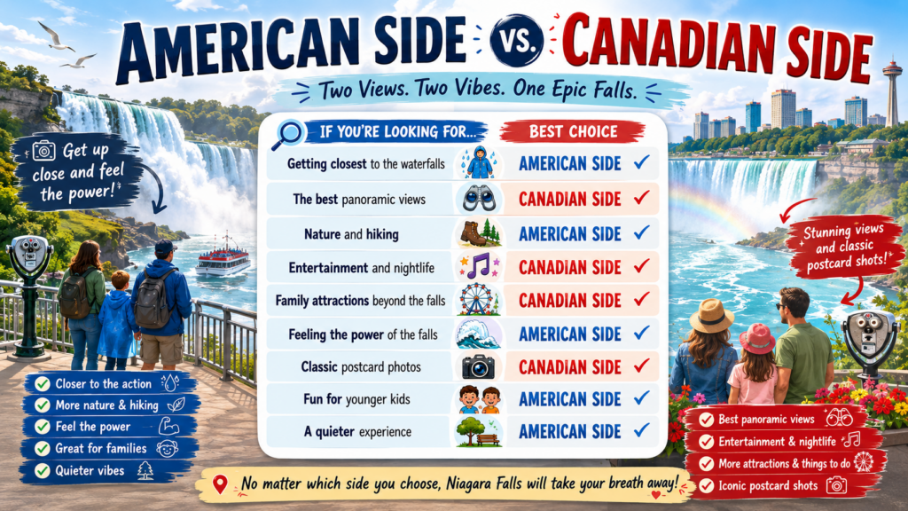 Chart comparing the American and Canadian sides of Niagara Falls for families
