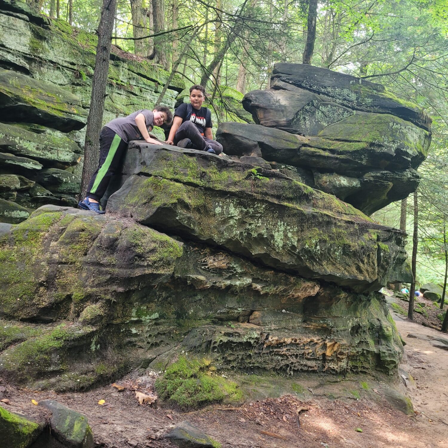 Two boys on top of tall rock structure on Ledges Trail. Cuyahoga valley National Park for families. 