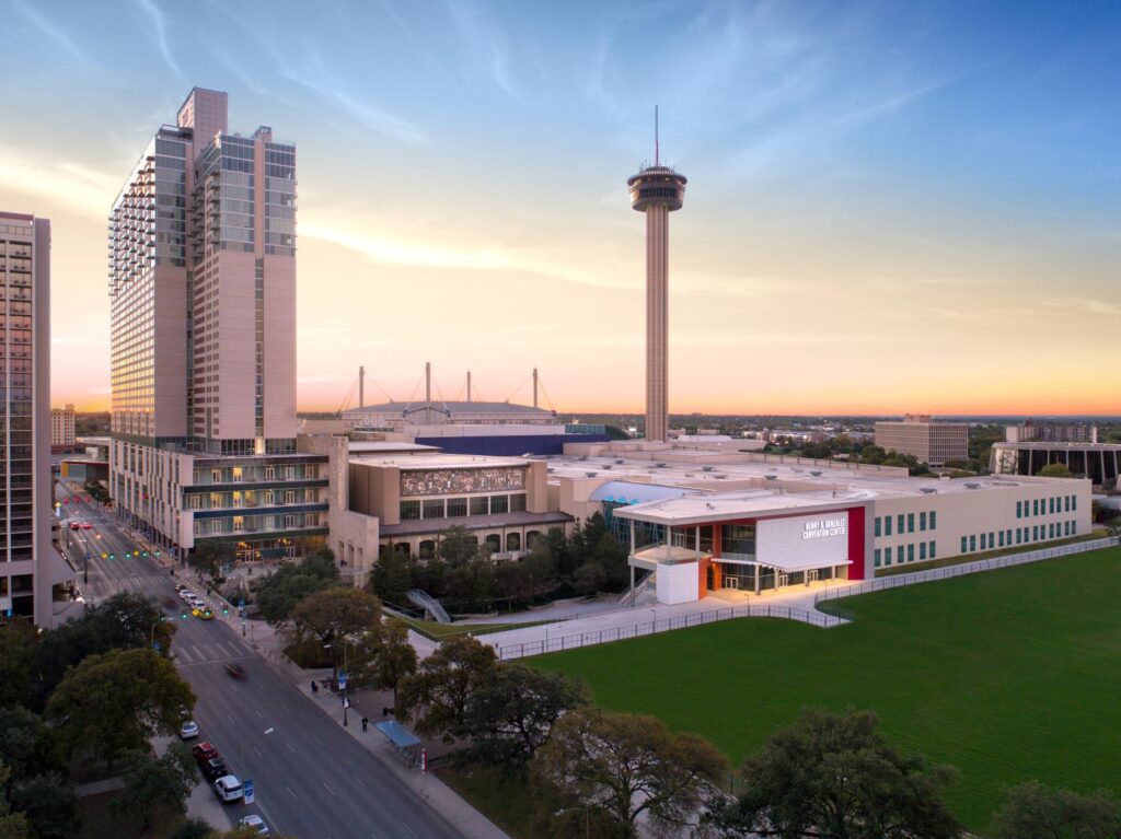 aerial of hotel with tower