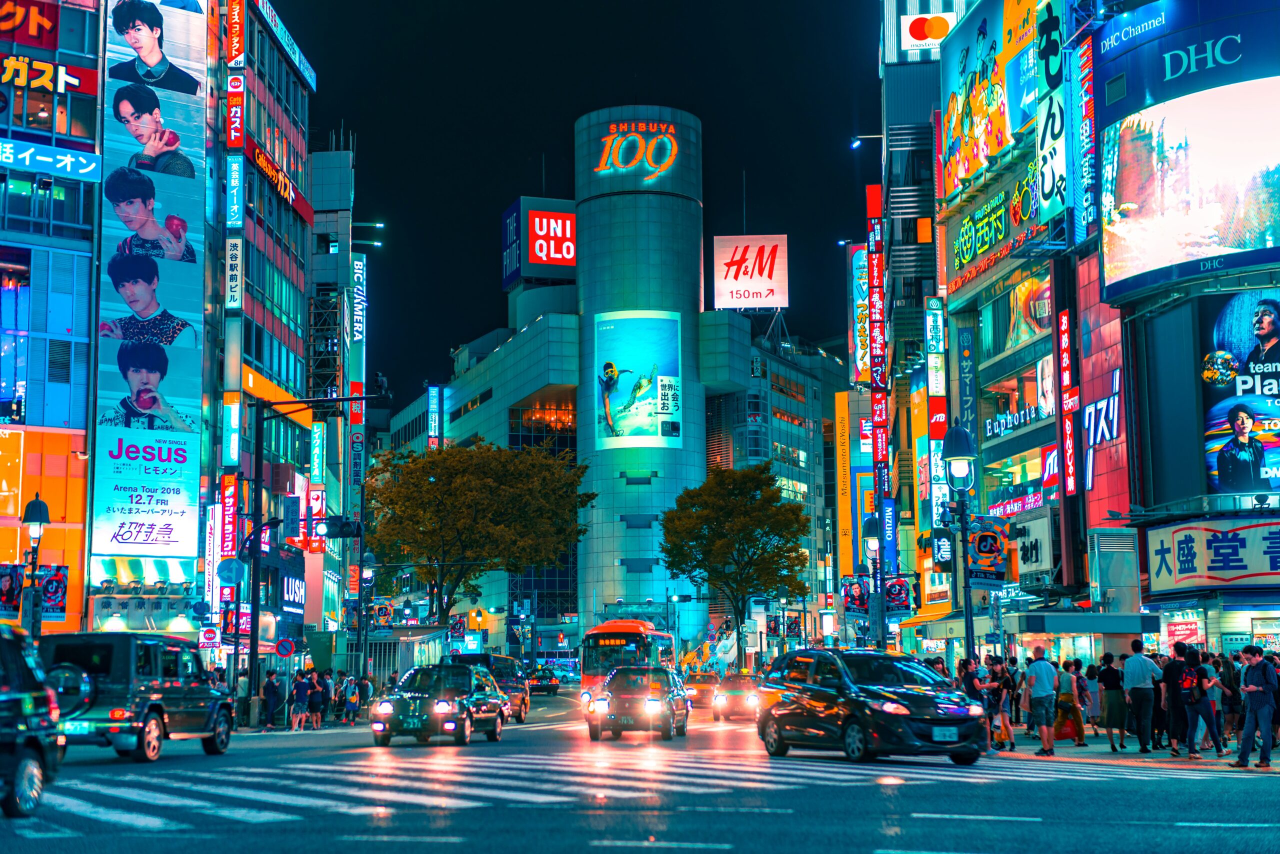 colorful downtown night scene in Japan